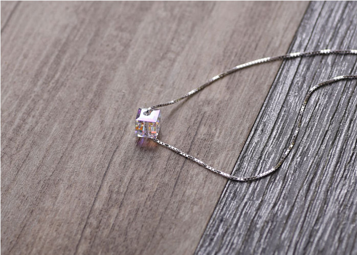 925 Sterling Silver AB Austrian Crystal Cube Square Pendant Necklace 18″ Gift A6