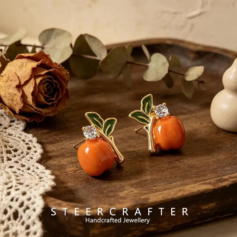 persimmon enamel zircon stud earrings, s925 silver needle,gift for her