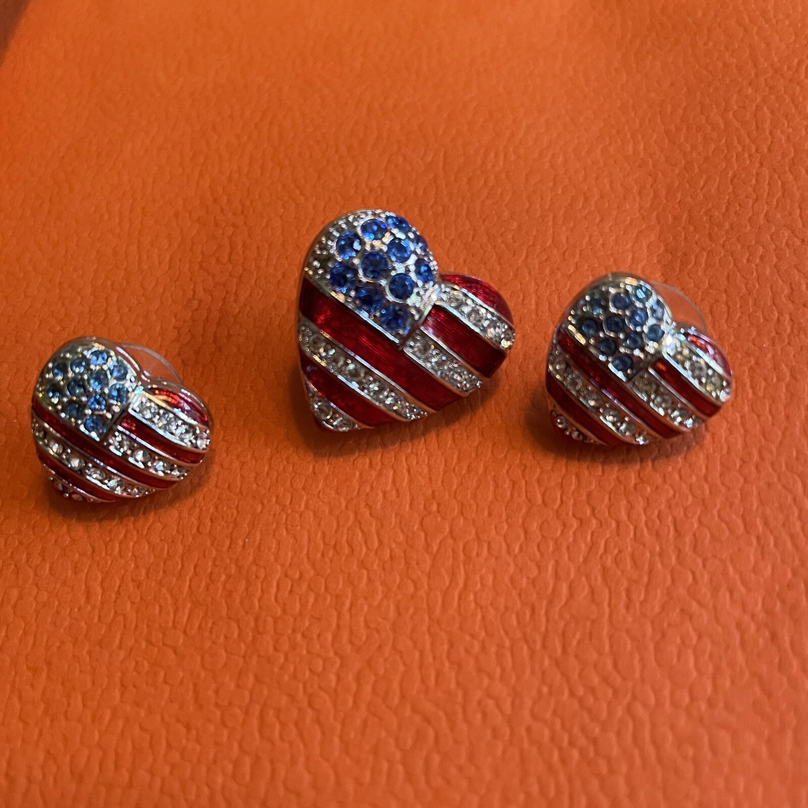 Christopher Radko USA Flag Heart Shape Enamel Rhinestone Pin & Earrings Set