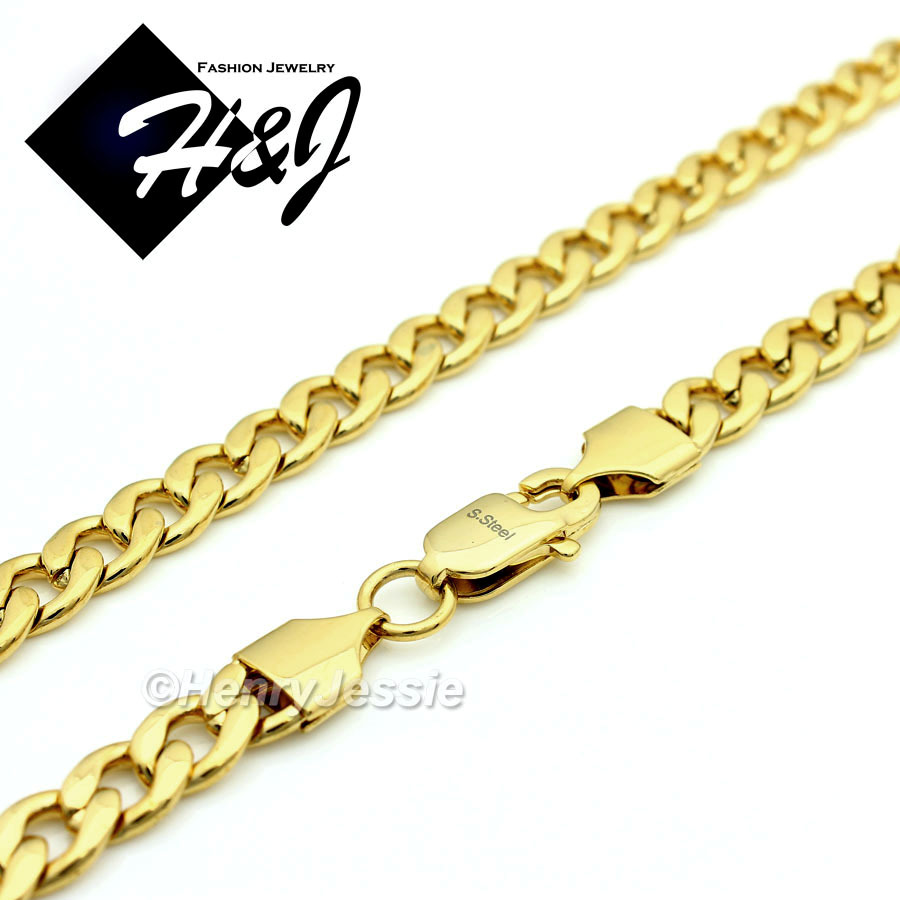 18″-40″Stainless Steel 7mm Gold Plated Cuban Curb Chain Plain Cross Pendant*GP64