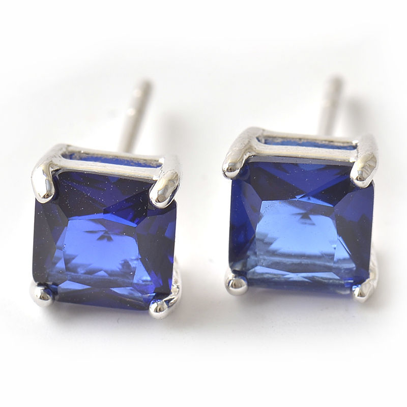 New White Gold Filled 6mm Princess Square Cut Sapphire Blue CZ Stud Earrings