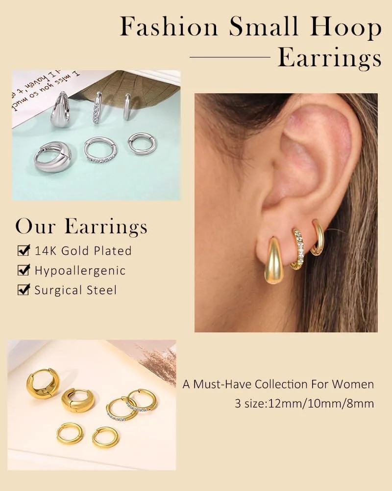 Surgical Steel Huggie Hoop Earrings for Women Set,14K Gold Plated Small Hypoalle