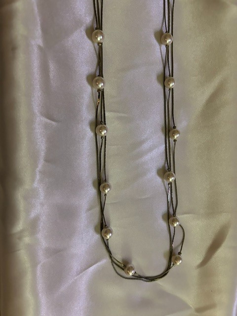 Three Strand Ivory Faux Pearl Long Necklace with Dark Metal Chain