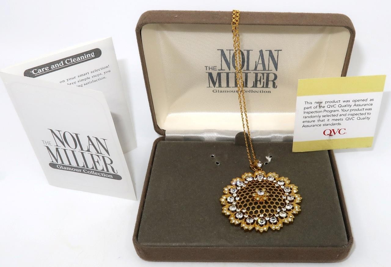 NOLAN MILLER Gold Tone Floral Pendant & Necklace w/ Clear Rhinestones, 26″ Chain