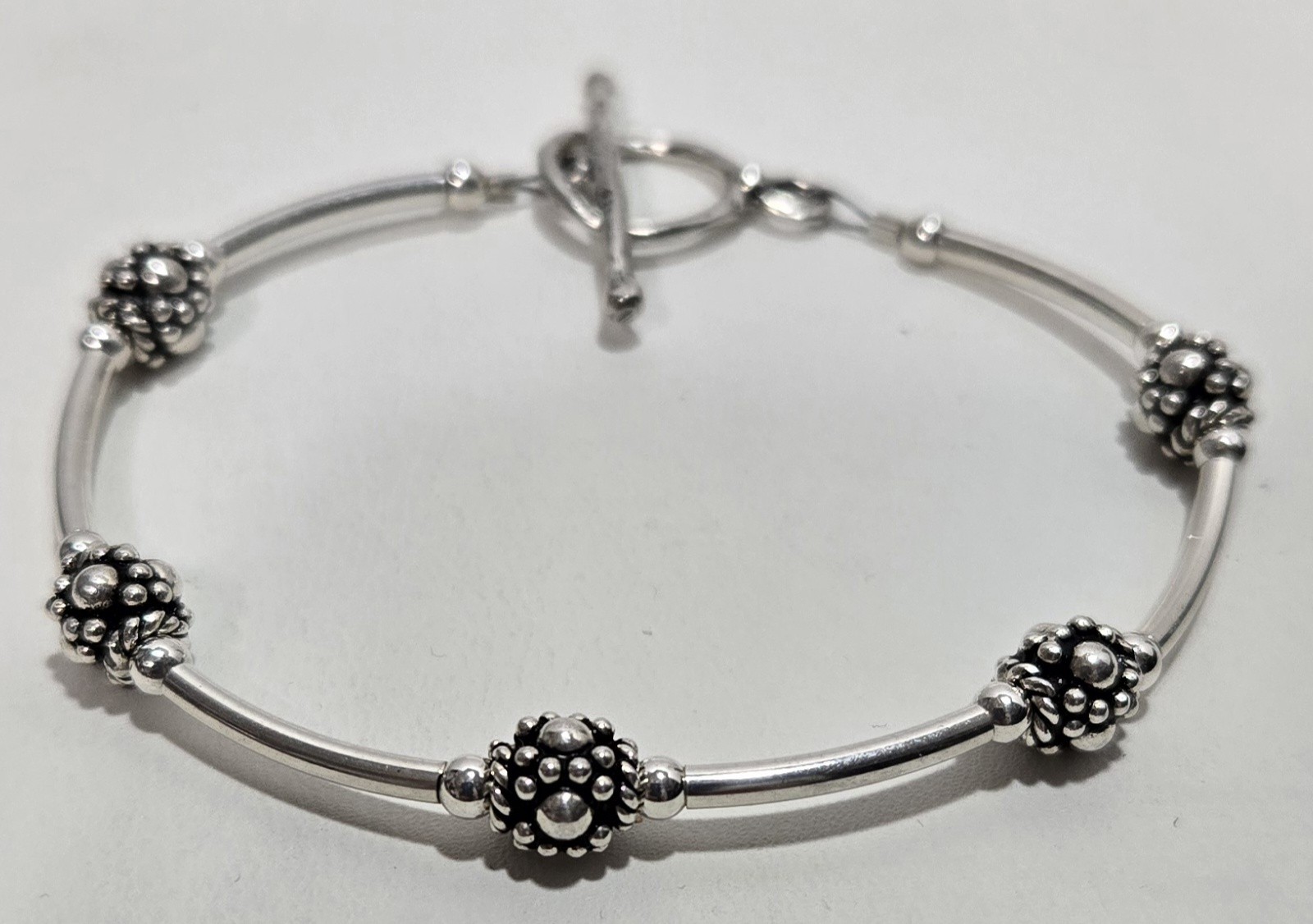 Sterling Silver Round & Tube Bead Bracelet 6 1/4 inch Toggle Clasp
