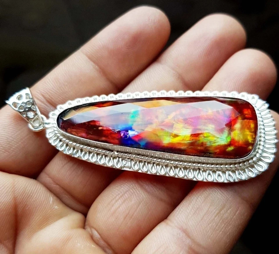 Certified 87.85 Ct Natural Ammolite 925 Solid Silver Fancy Cut Pendant Gemstone
