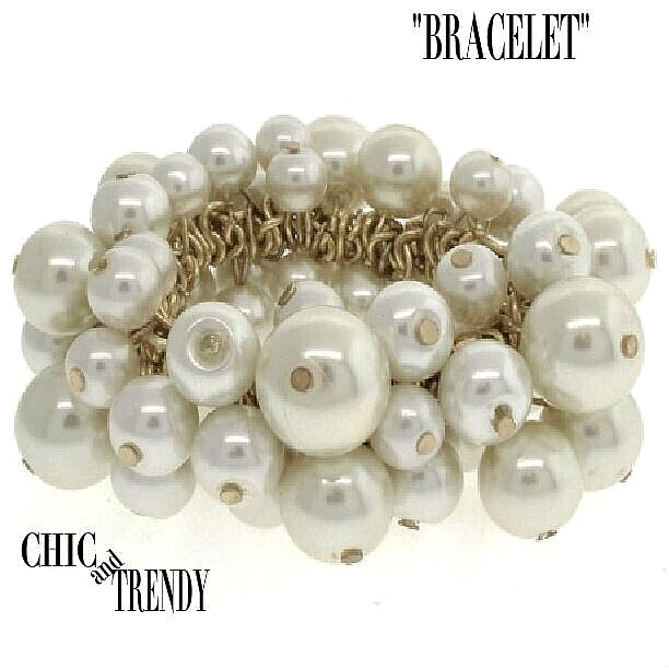 STATEMENT TRUE WHITE PEARL STRETCH BRACELET FORMAL, CASUAL PROM WEDDING JEWELRY*