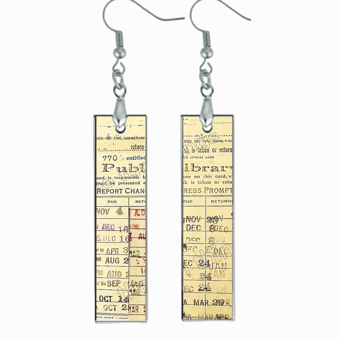 Retro Library Book Checkout Card Dangle Bar Earrings Wood Handcrafted Gift