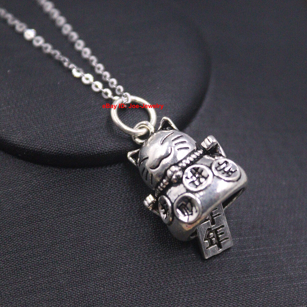 Solid 925 Sterling Silver Pendant Lucky Rich-Cat Pendant 1.10″ H With 年年有余 Charm