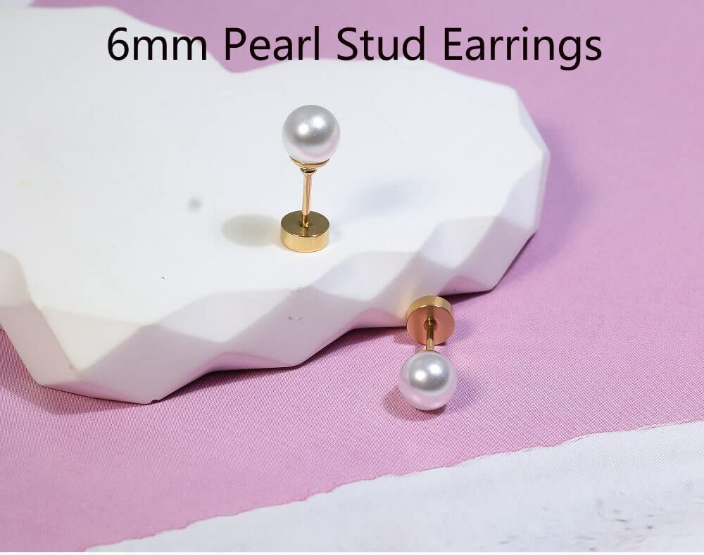 6mm Pearl Stud Earrings Flat Screw Back,14K Gold Pearl,