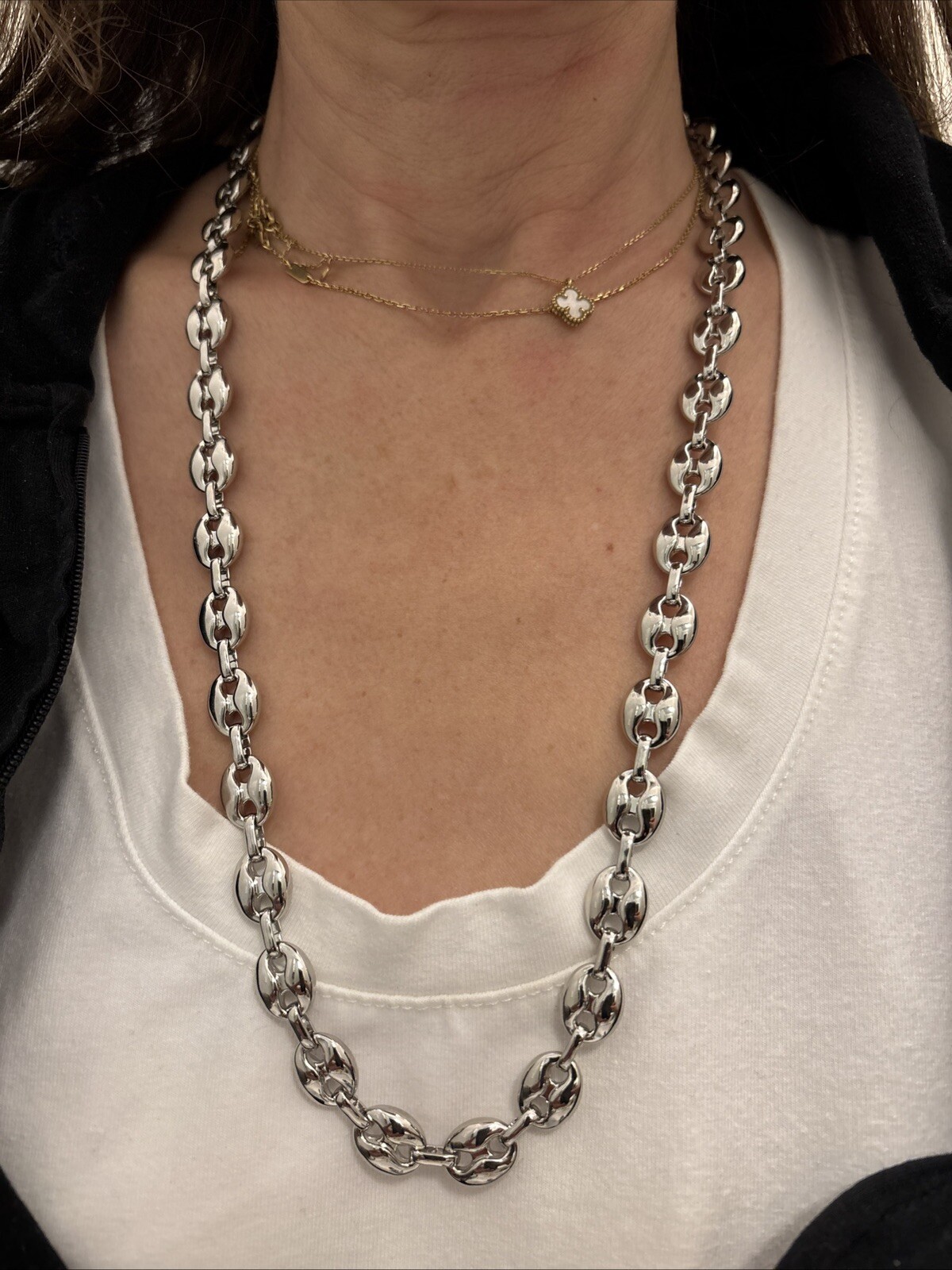 14k White gold Plated Puffy Puffed Anchor Mariner Link Chain Necklace 1cm 26inch