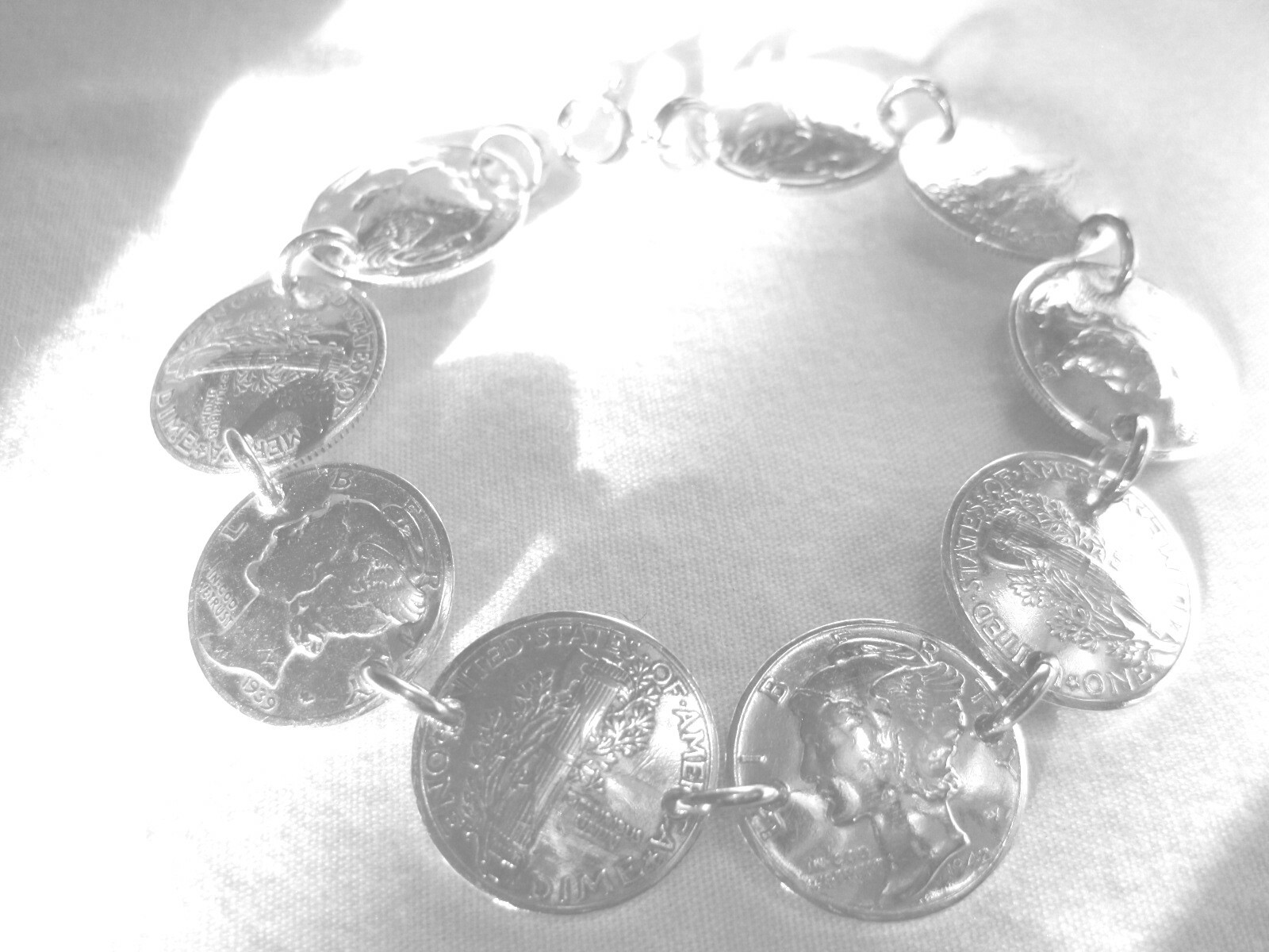Antique Silver Mercury Dime bracelet, drilled side-by-side-free shipping!