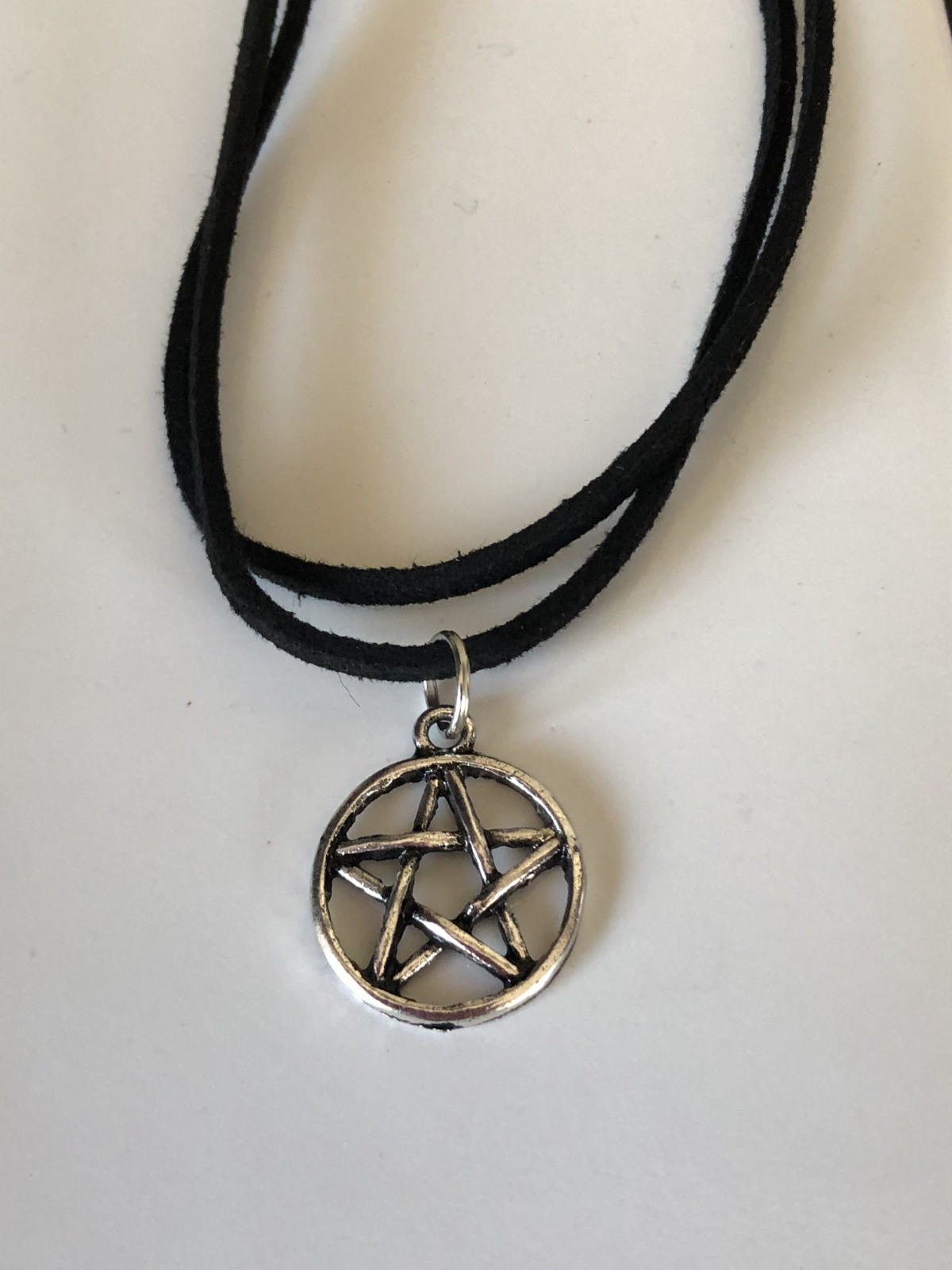 Pentagram Leather 2cm Silver Pendant Double Layer Choker Necklace 45cm+5cm