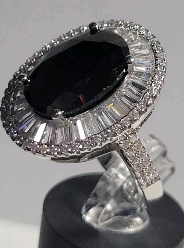 Simulated Black and White Diamond Double Halo Ring in Silvertone (Size 7.0)