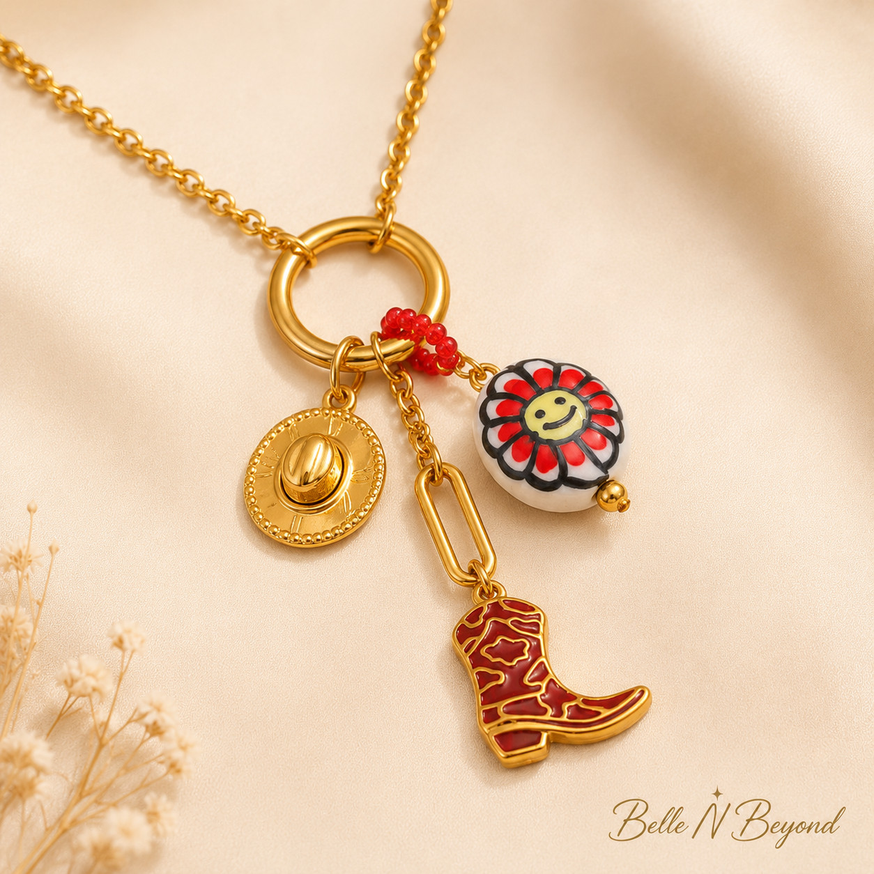 Gold Western Charm Necklace Cowboy Boot Hat Flower Pendant Stainless Steel