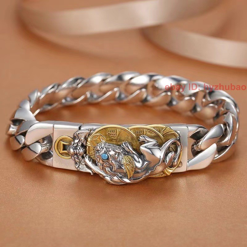 Fashion Solid Brass Silver Plated PiXiu Statue Man Woman Lucky Bangle Bracelet
