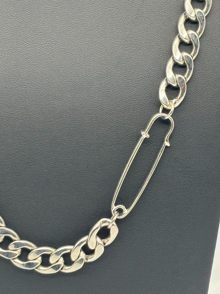 Chunky Silver-Tone Cuban Link Chain Necklace W/Faux Safety Pin Accent Adjustable