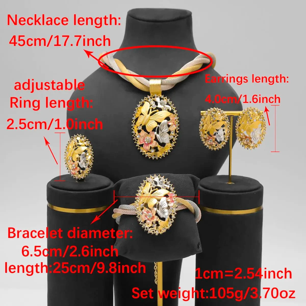 45cm African Dubai Gold Plated Flower Bridal Earrings Pendant Necklace Ring Sets