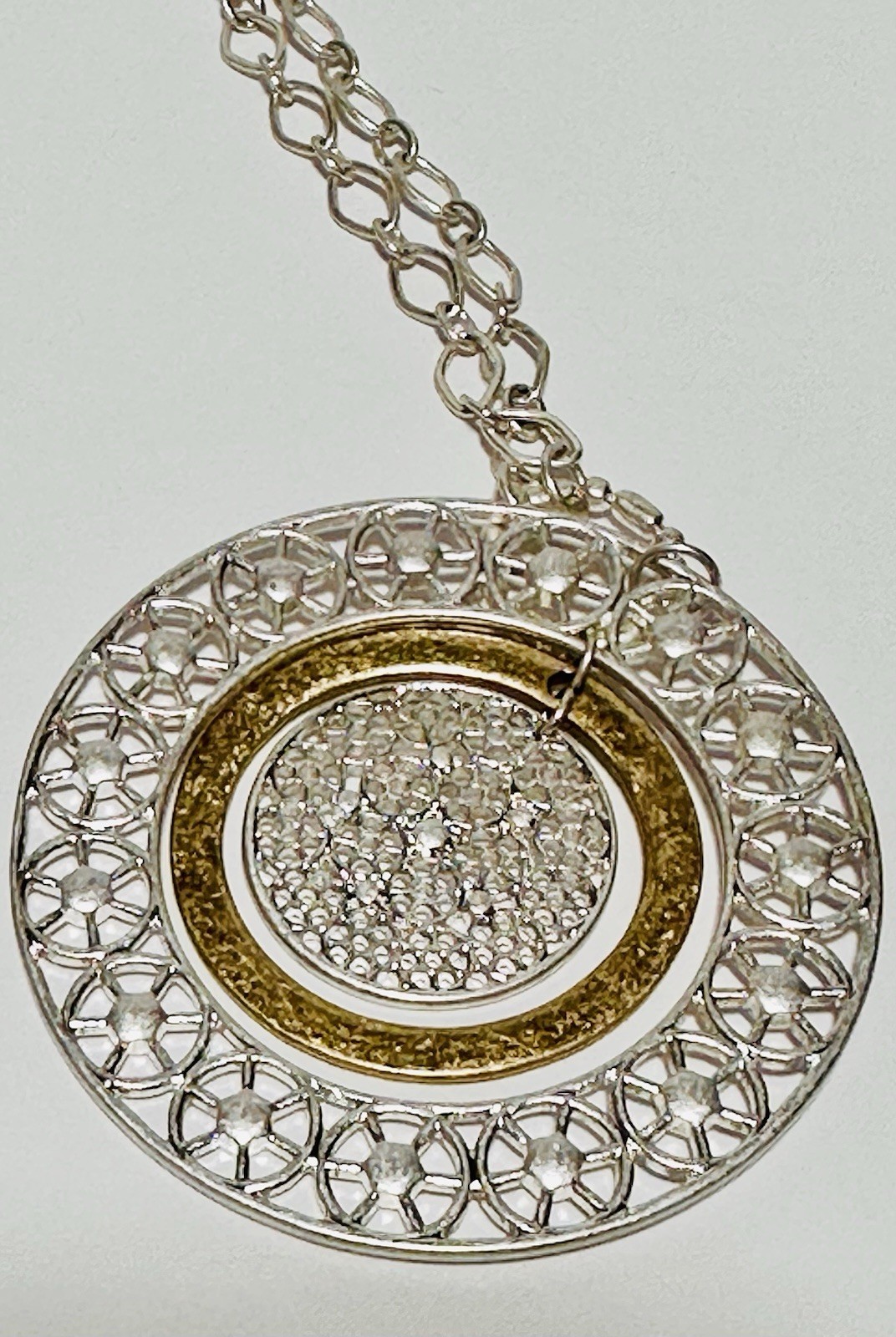 Silver Tone Necklace With 3 Circle Textured Pendants Gold And Silver Tone 31in.