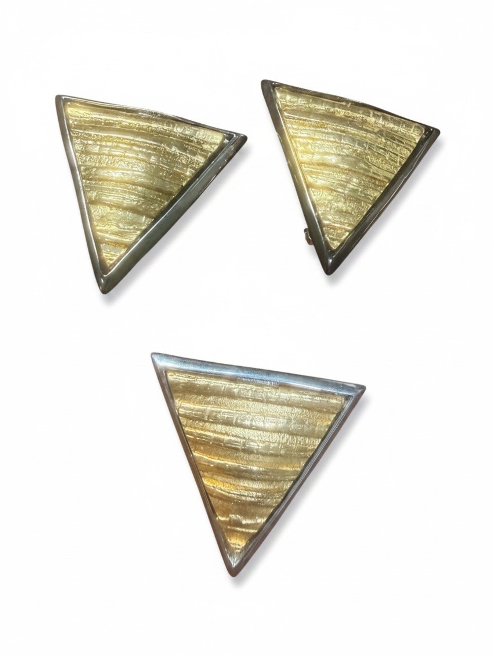 Vintage 1980s Art Deco Revival Triangle Brooch & Clip Earrings Gold Silver Tone