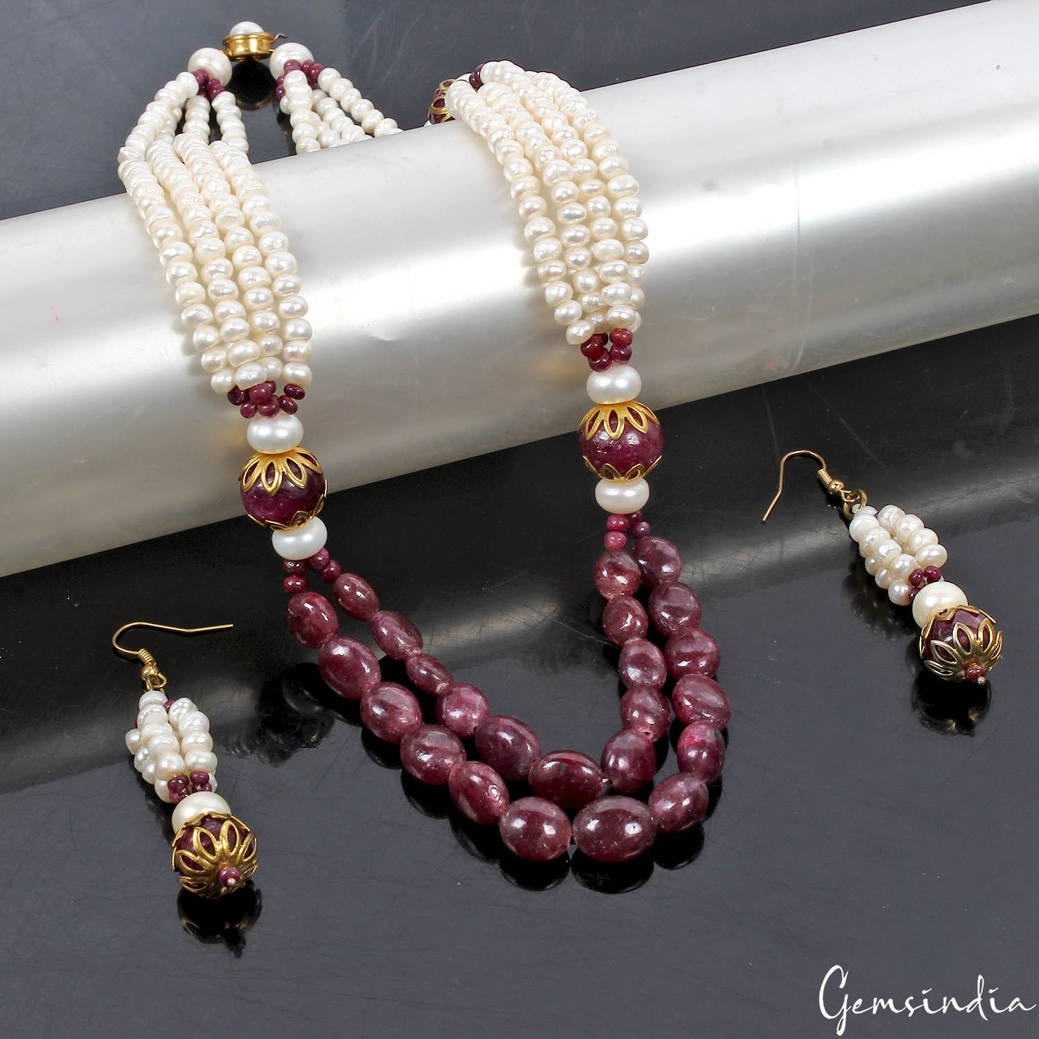 Handmade Natural Ruby Pearl Round Cabochon Gemstone Beaded Necklace Earrings~22″