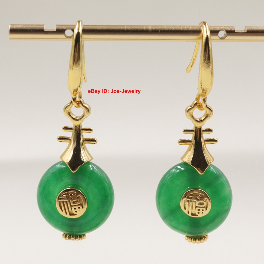 Gold Plated Alloy 14mm Heated Green Jade Pipa Charm Dangle Earrings 40mm H