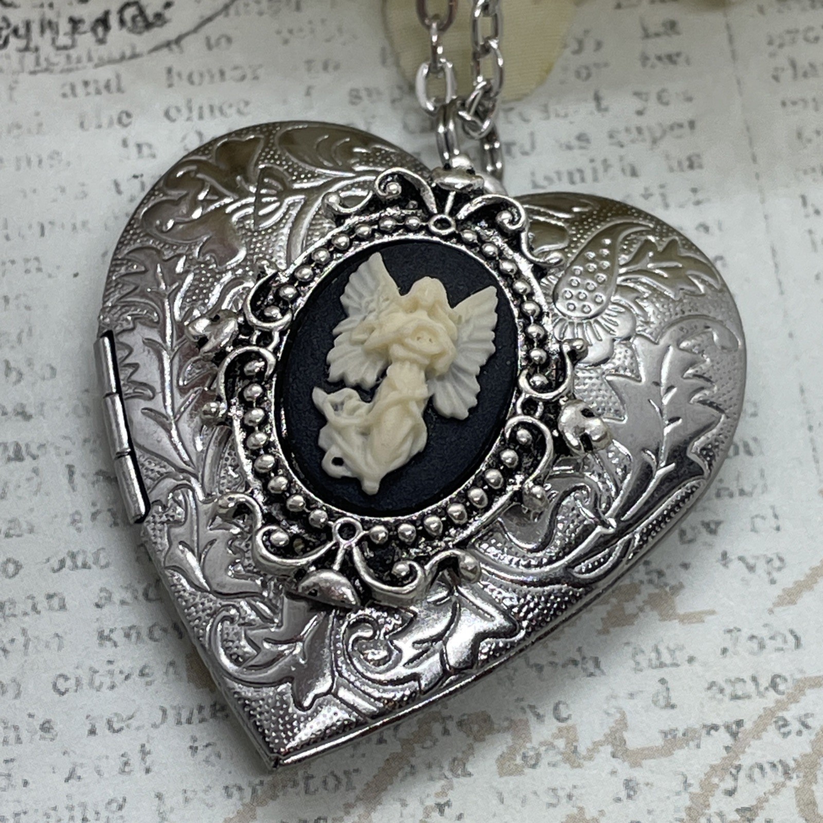 Heart Silver Locket Angel Cameo Mom Love Necklace Photo Bride bridal wedding