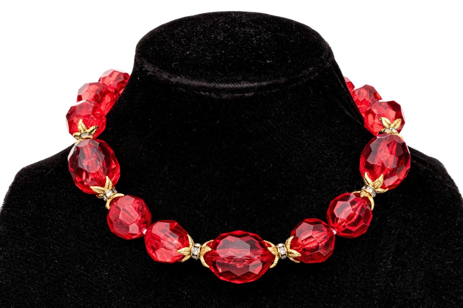 Vintage Yosca Red Glass Bead Necklace & Earring Set, Rhinestone Enamel Statement