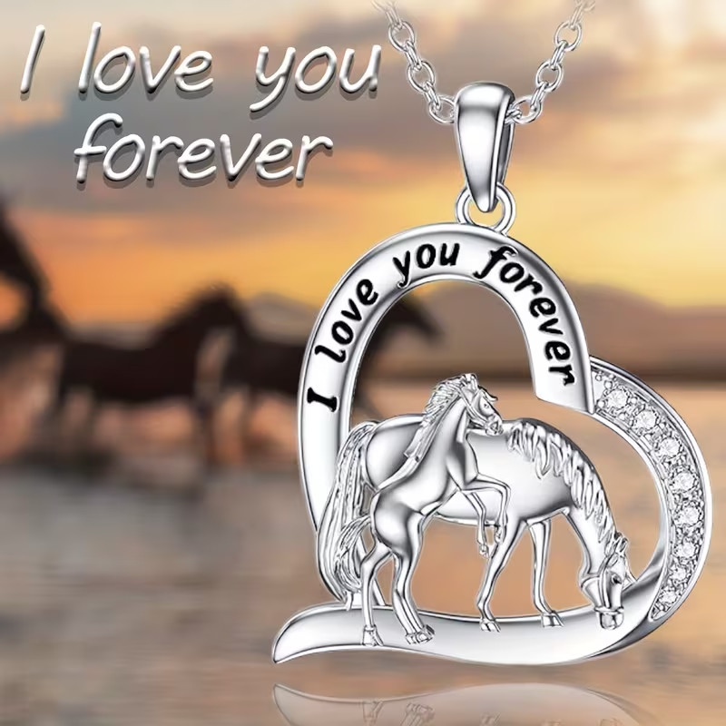 Elegant Heart-Shaped Horse Pendant Necklace with “I Love You Forever gift box