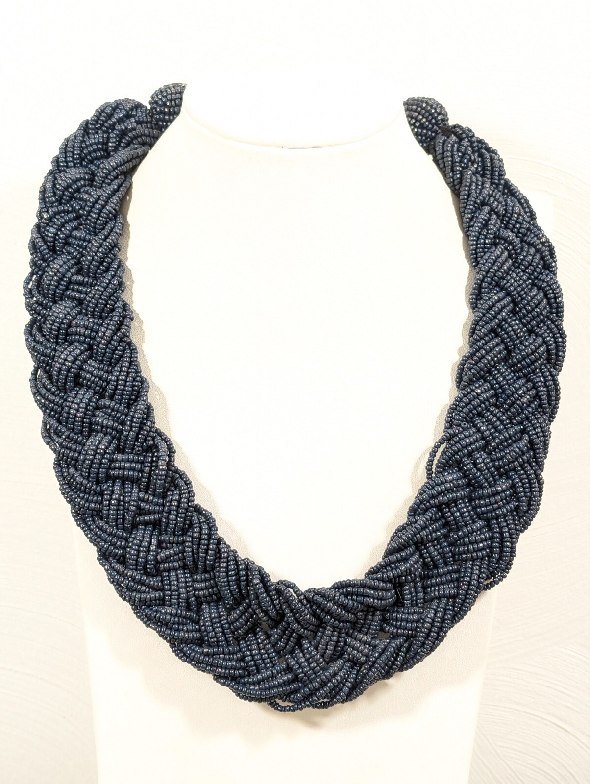 Blue Glass Multi Strand Braided Necklace Western Beach Boho Nautical 21 in