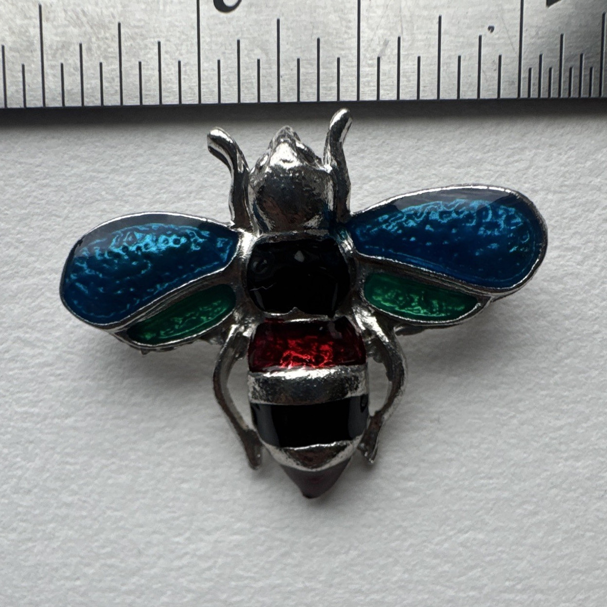 Silver Tone Enamel Bee Brooch Pin Blue Green Red Black Wings 1.5 in