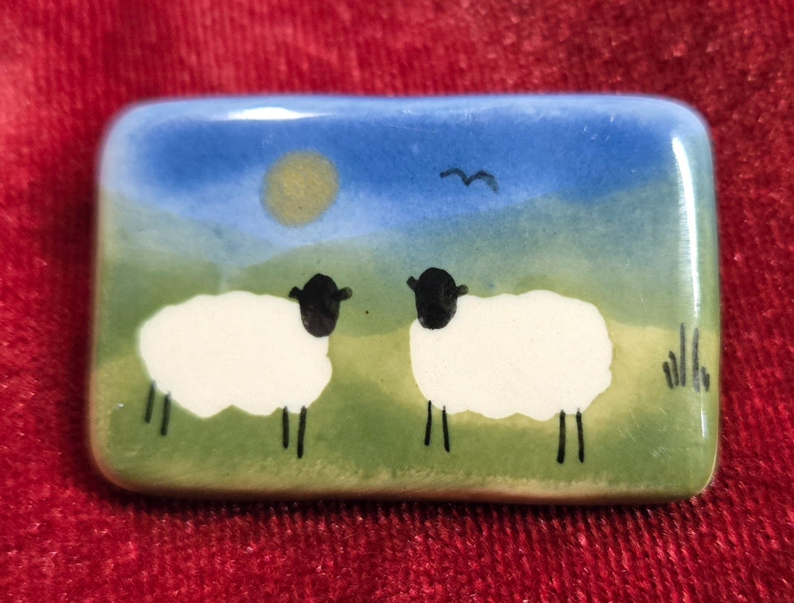 SHEEP in the Meadow IRISH Porcelain Hand Painted Brooch Arkland Studio, IRELAND