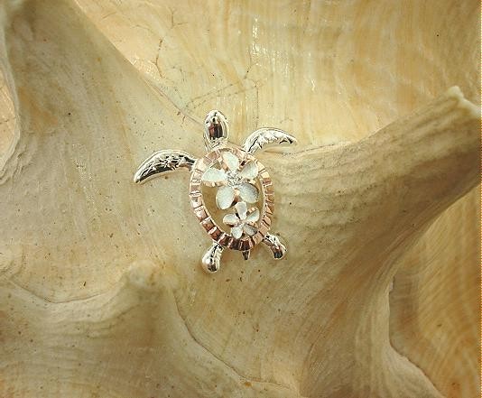 20MM 2-TONE ROSE GOLD PLATED 925 SILVER HAWAIIAN HONU TURTLE PLUMERIA CZ PENDANT