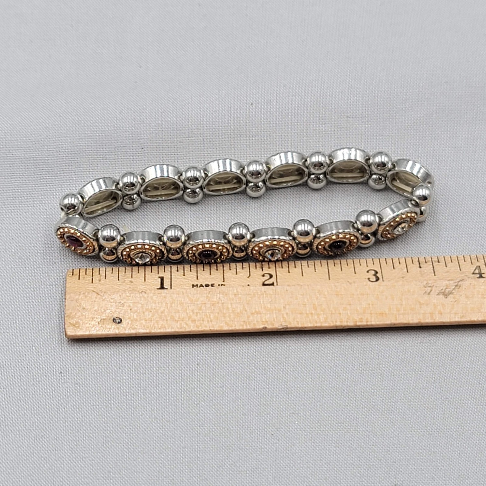 Clear Red Rhinestone Panel Elastic Bracelet Silver tone Gold tone 7″