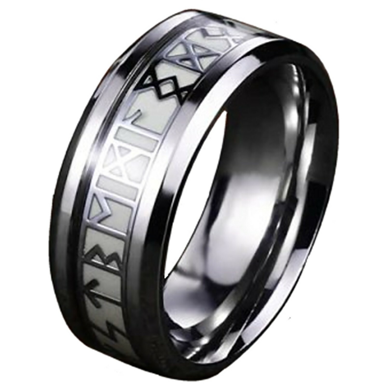 Glow in the Dark Celtic Rune Ring Silver Stainless Steel Norse Druid Viking Band