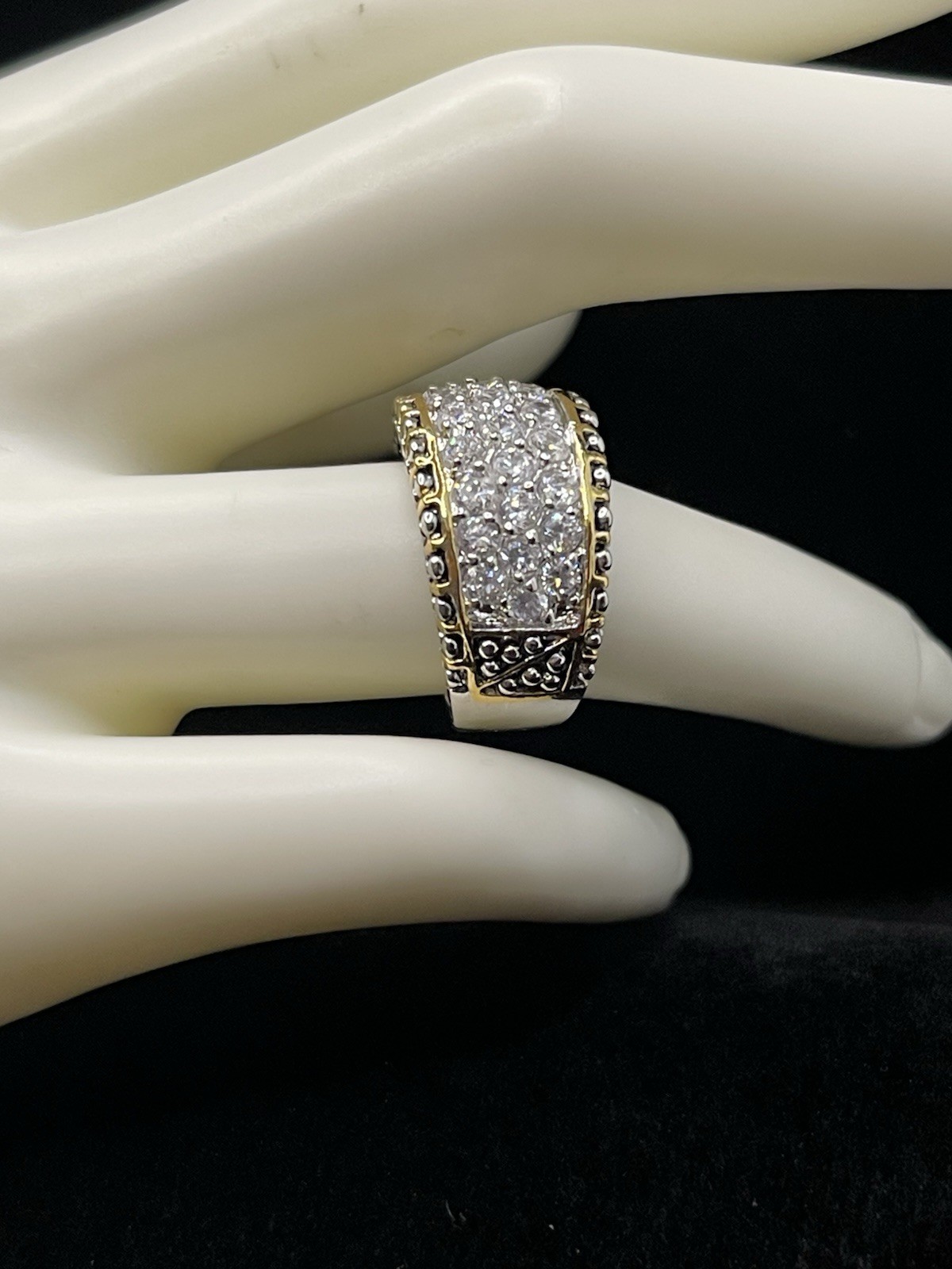 Pavé Rhinestone Ring Silver Tone Wide Band Cocktail Statement Ring Size 6 3 Rows