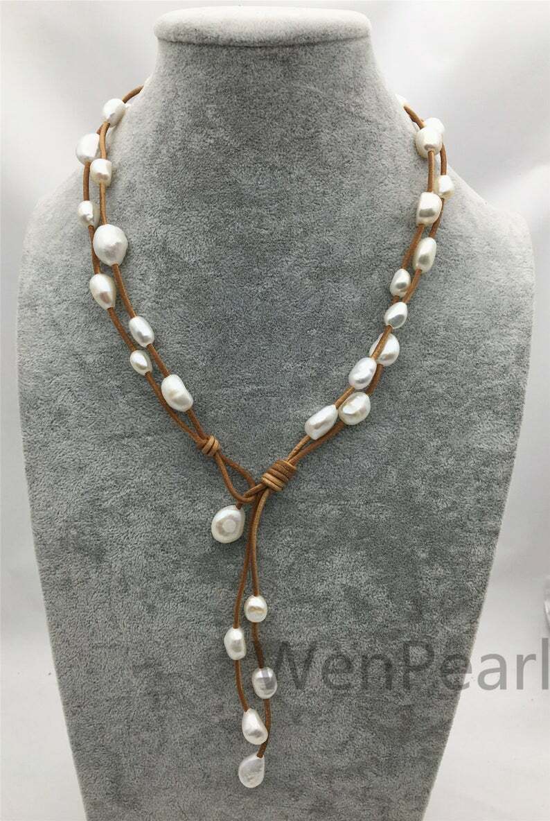 Two Rows Baroque pearl leather necklace Pearl and Leather Lariat Necklace Gift