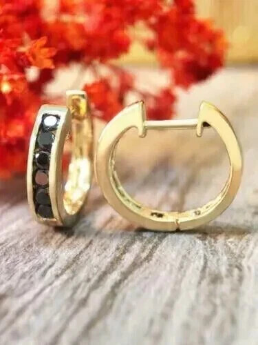 0.90Ct Round Black Simulated Diamond Huggie Hoop Earrings 14K Yellow Gold Plated