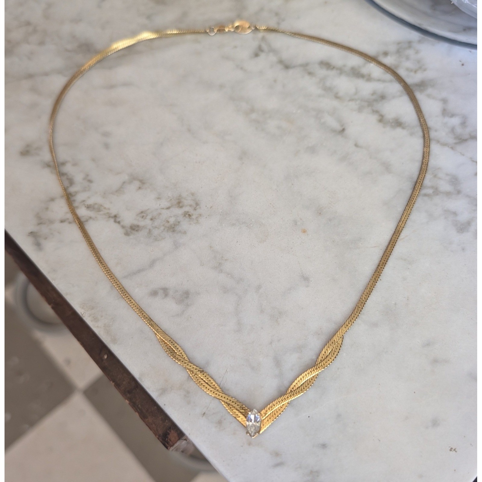 Vintage Gold Plated Herringbone Twisted V Necklace Marquise Crystal SP Signed