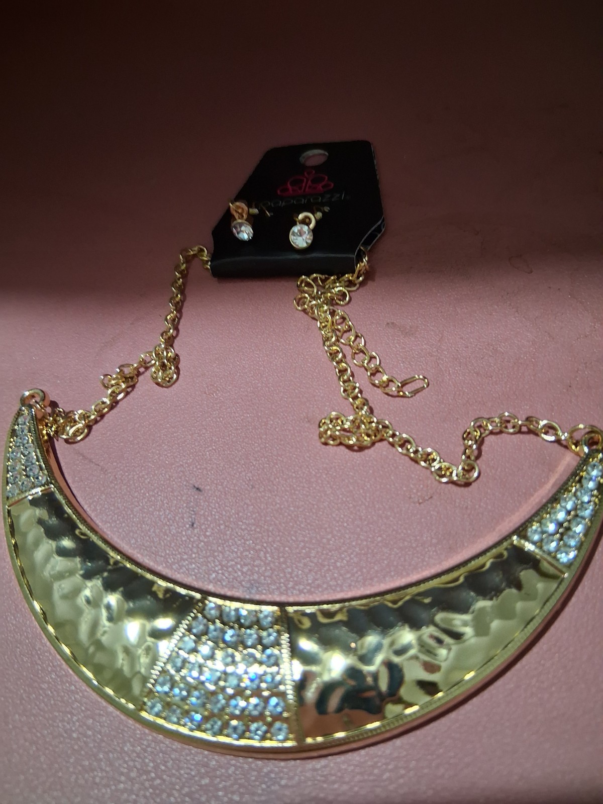 Gold Tone Crescent Pendant Statement Necklace Clear Crystal Rhinestones Pavé