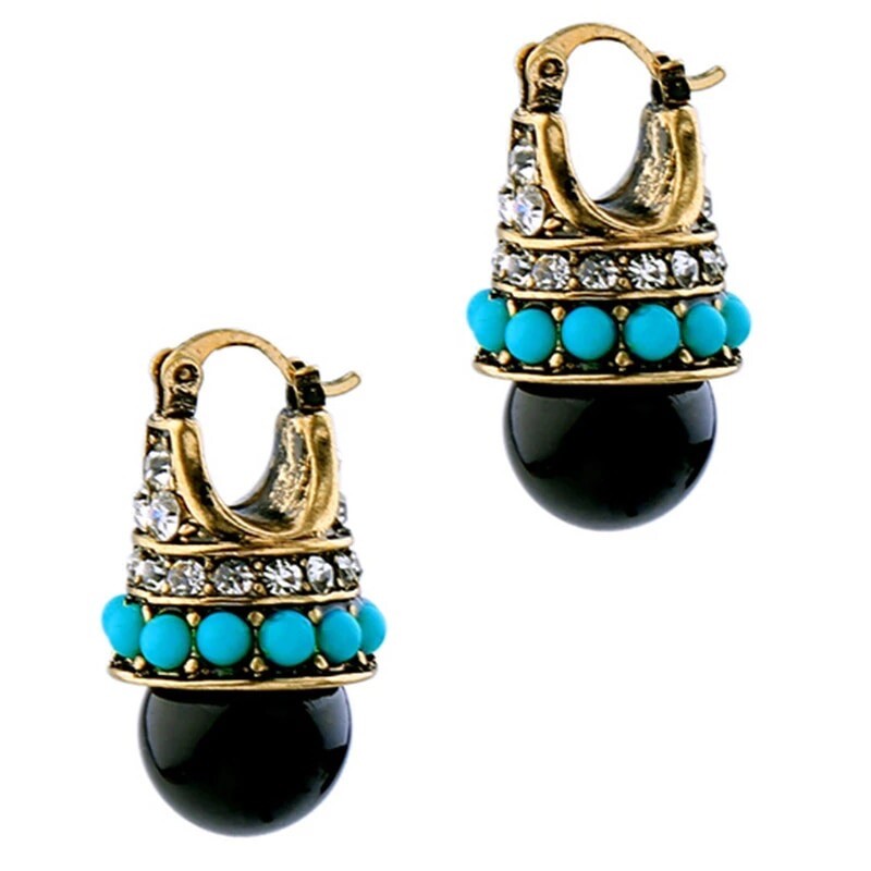 ZARD Turquoise and Black Bead Crystal Classic Hook Drop Earrings in Vintage Gold