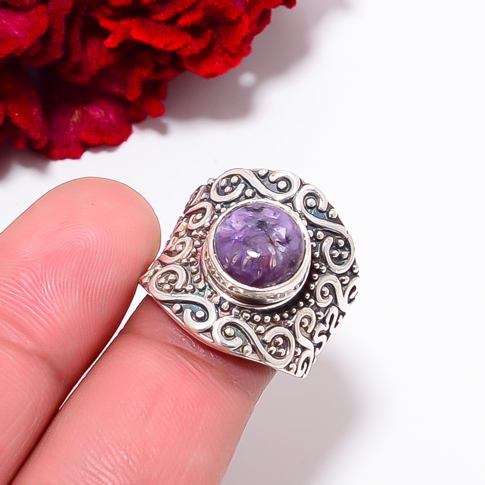 Purple Charoite – Siberia Designer Handmade 925 Sterling Silver Ring S.7 R98316