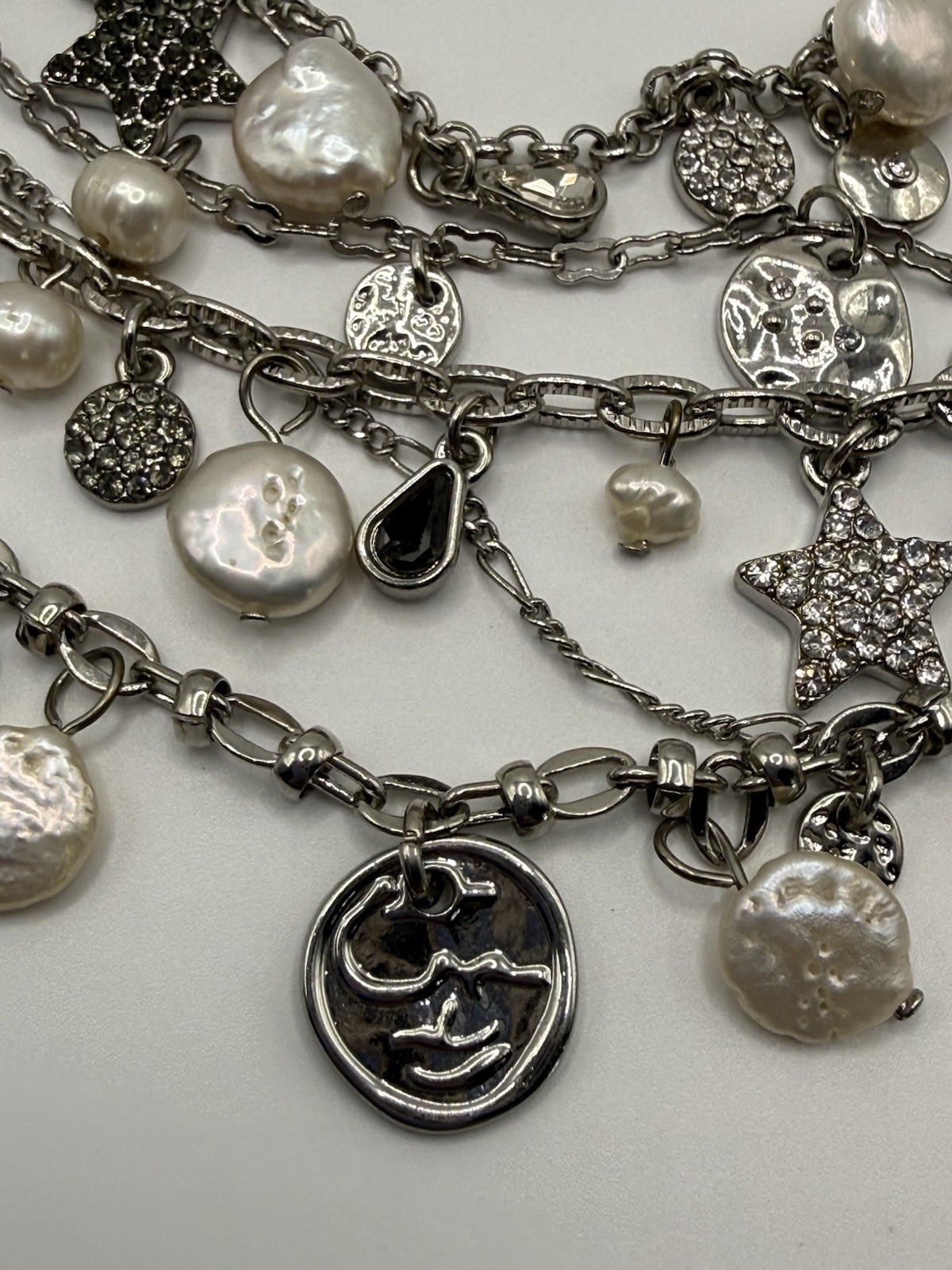 Tommy Bahama Silver Necklace Multi-Strand Freshwater Pearls Stars Beach Charms