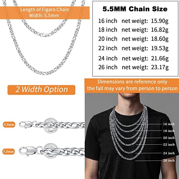 🔥🔥18K Gold Plated Figaro Chain, Silver Color Chain | 316L SS, 20in, 7.0mm🔥🔥