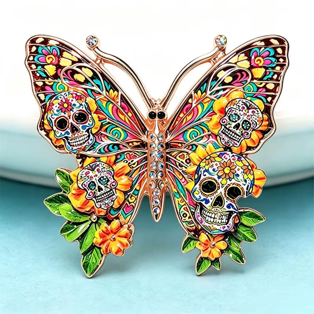 Halloween Sugar Skull Butterfly Brooch Pin Crystal Gothic Pin Costume Jewelry Gi