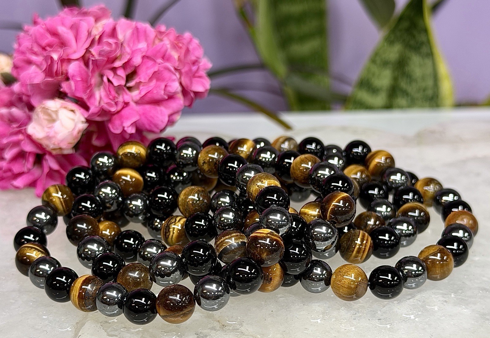6 Pcs Protection Natural Crystal Healing Stretch Bracelets 8mm 7.5″