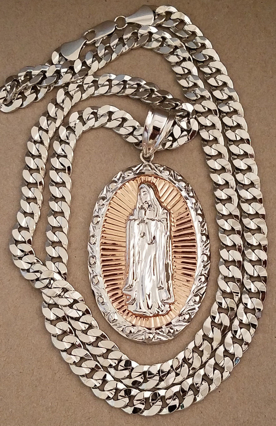 Men’s Rhodium 2 Tone Rose Gold Plated XLG Mary & 36in Long 10mm Cuban Chain Set
