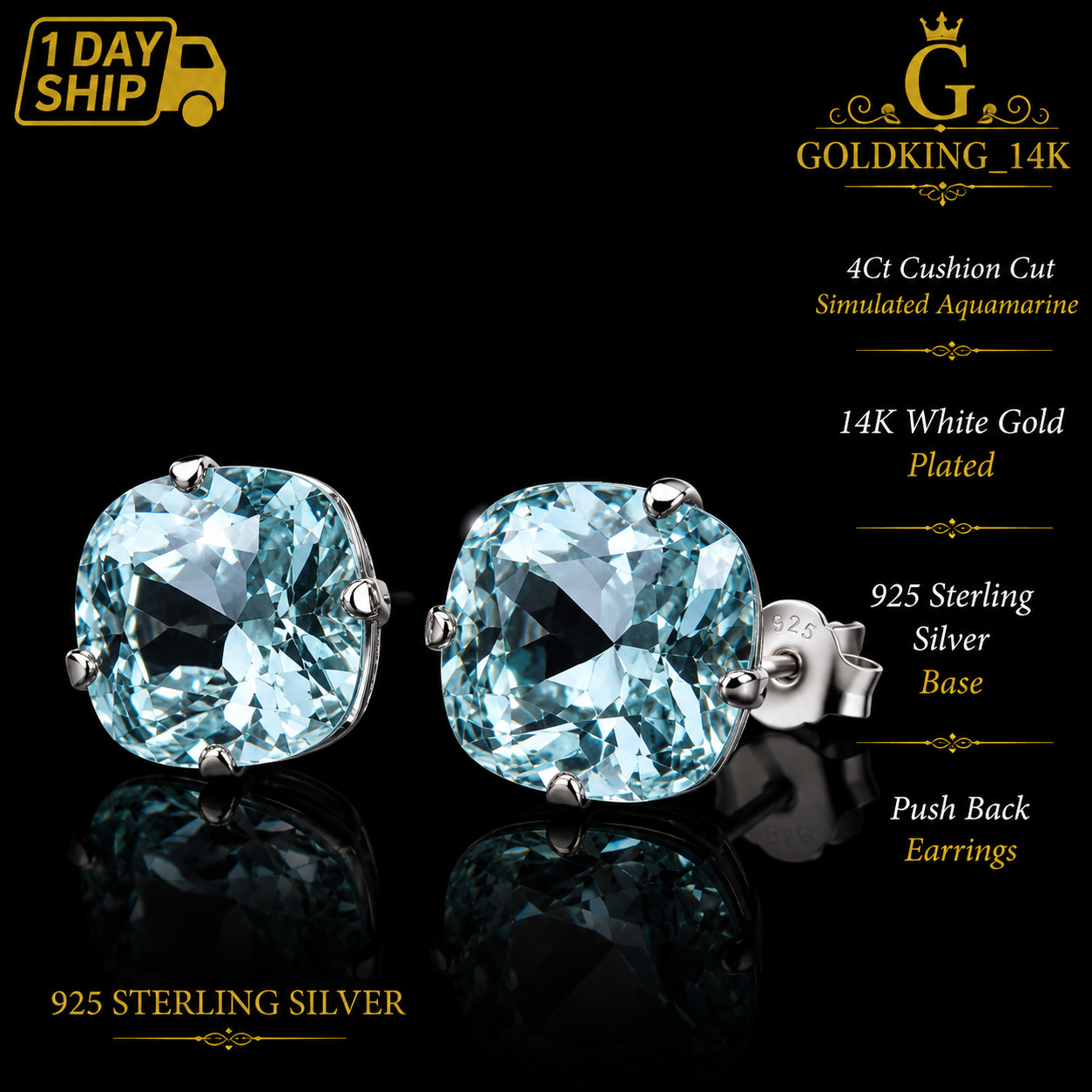 4.0Ct Cushion Simulated Aquamarine Stud Push Back Earrings 14K White Gold Plated