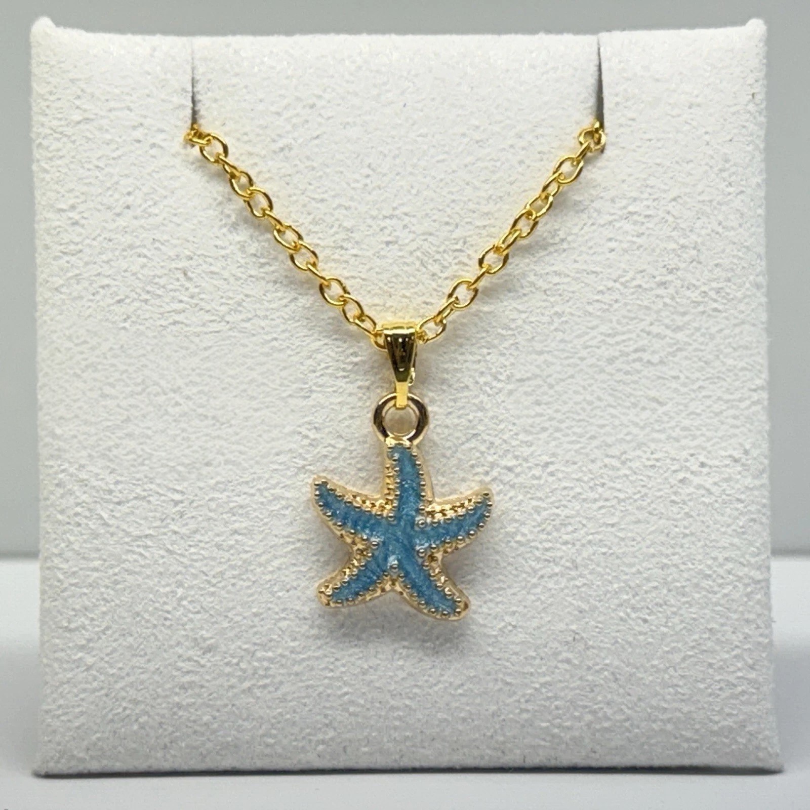 Blue Starfish Charm With Gold Trim Pendant Necklace Summer Beach Accessory