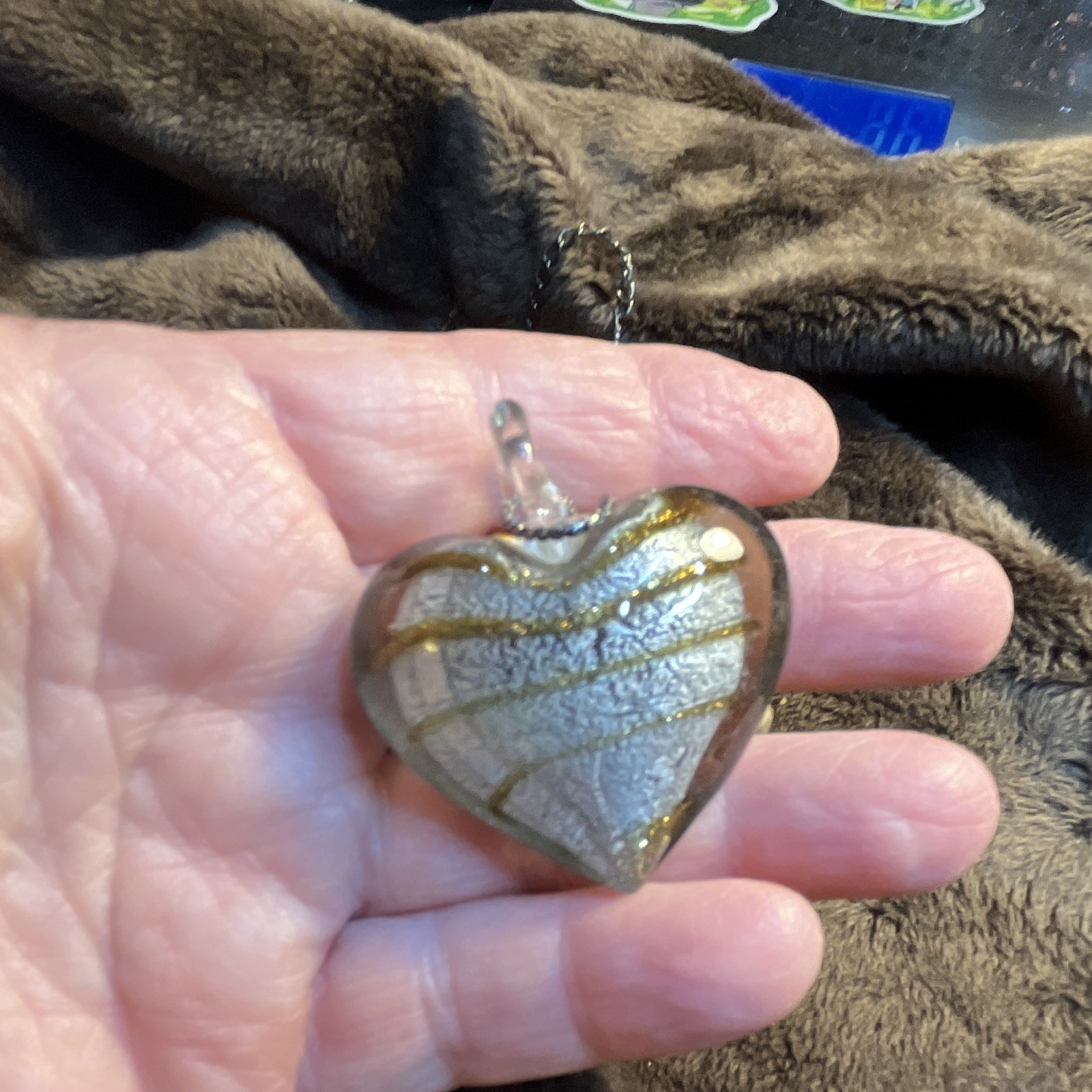 Glass Heart Charm Pendant Necklace Brown/Gold Stone Silver Link Chain Adjustable